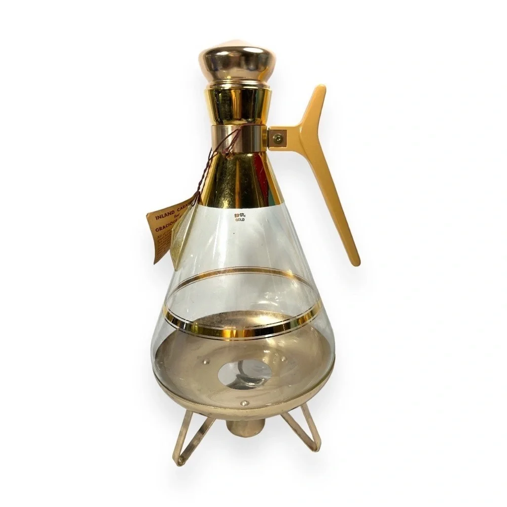 Vtg Mid-Century INLAND Glass Carafe & Warmer 22k Gold Trim Coffee‎ Pot Cork Lid